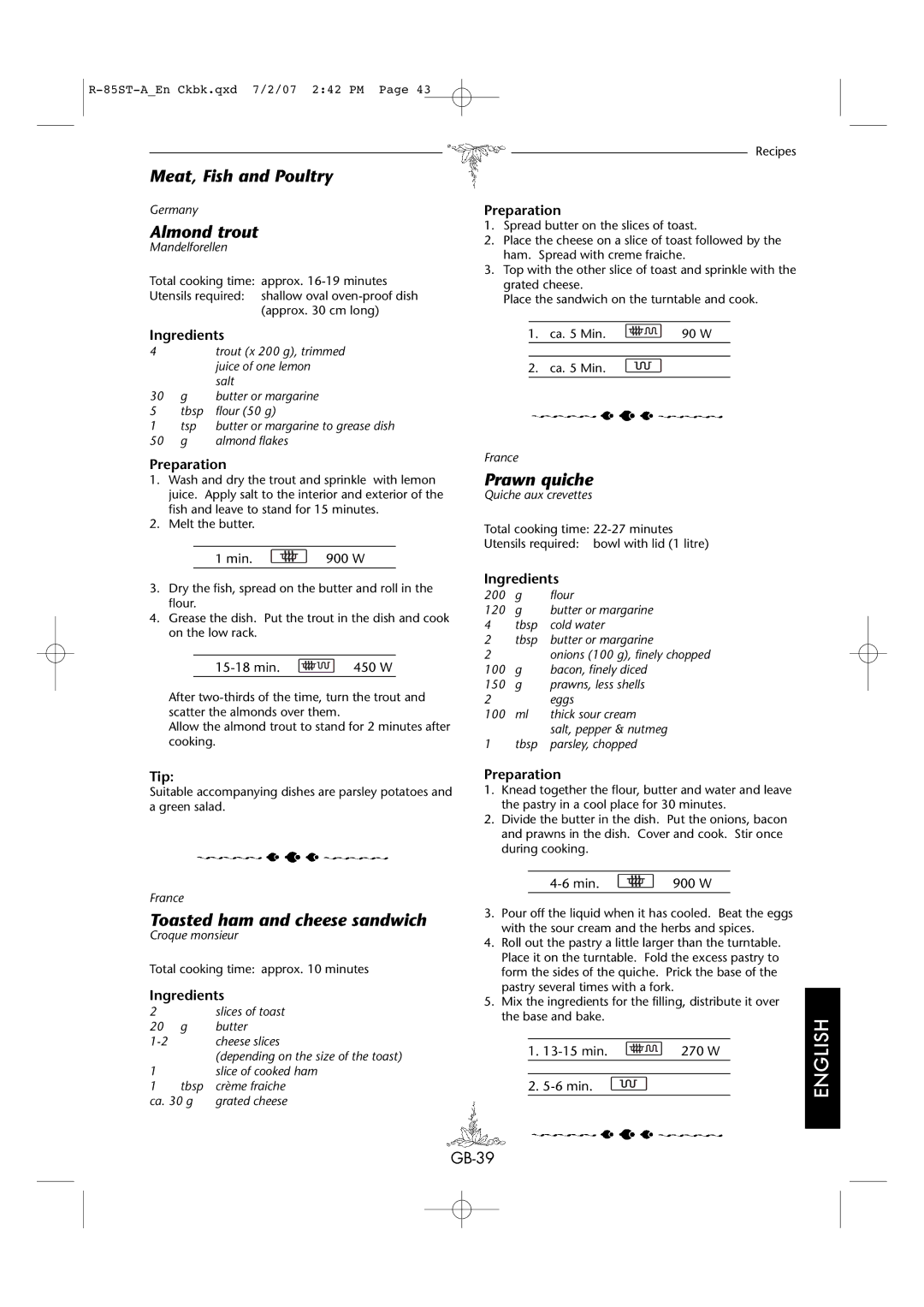 Sharp R-85ST-A operation manual Almond trout, Prawn quiche, Toasted ham and cheese sandwich 