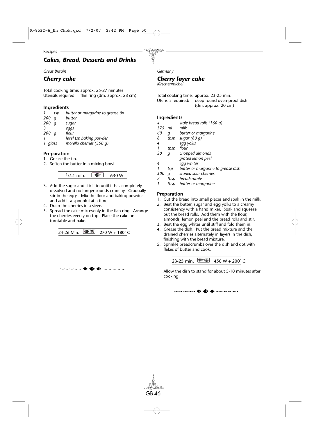 Sharp R-85ST-A operation manual Cakes, Bread, Desserts and Drinks, Cherry cake, Cherry layer cake 