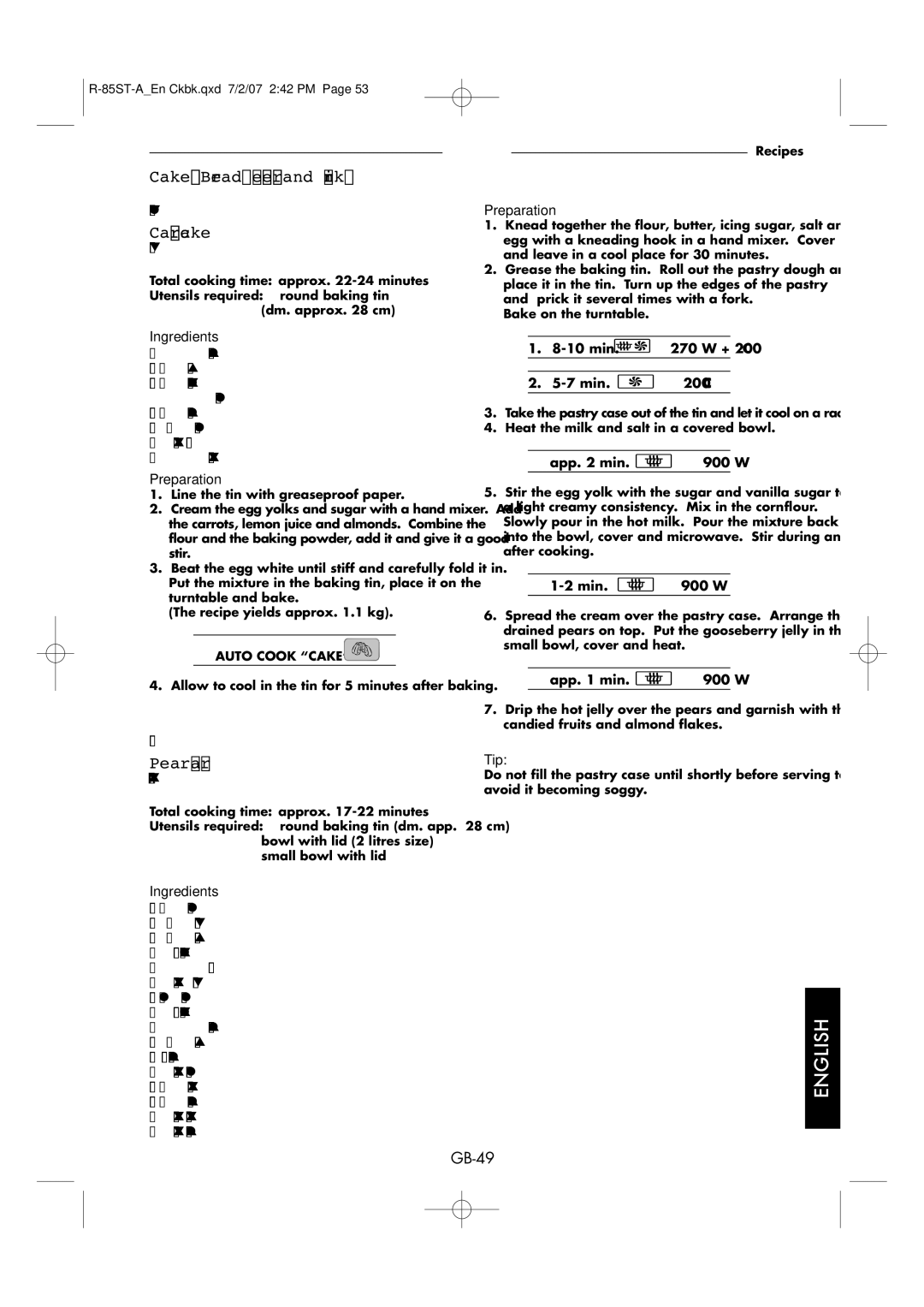 Sharp R-85ST-A operation manual Carrot cake, Pear tart 