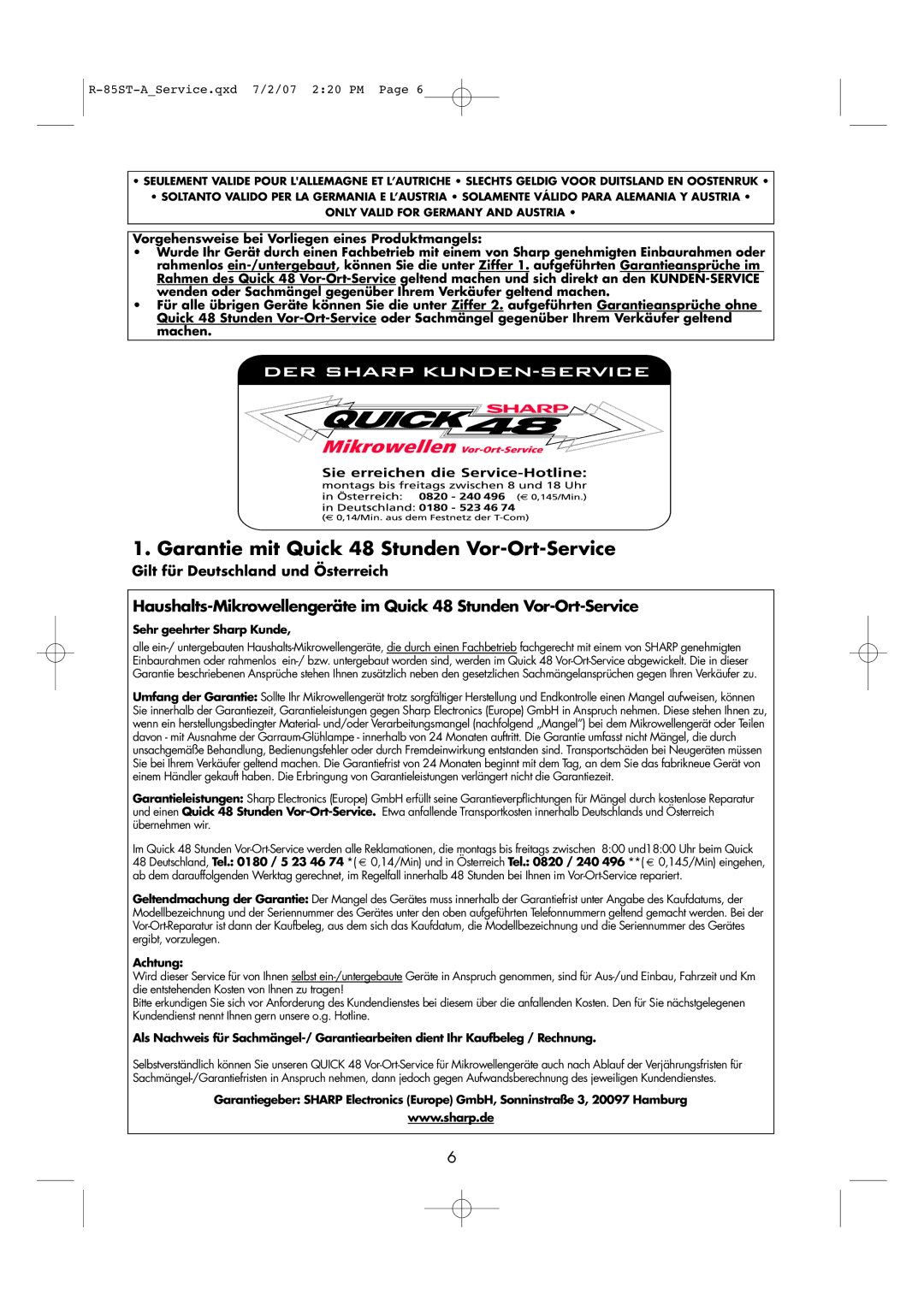 Sharp R-85ST-A operation manual Gilt für Deutschland und Österreich, 85ST-AService.qxd 7/2/07 220 PM 