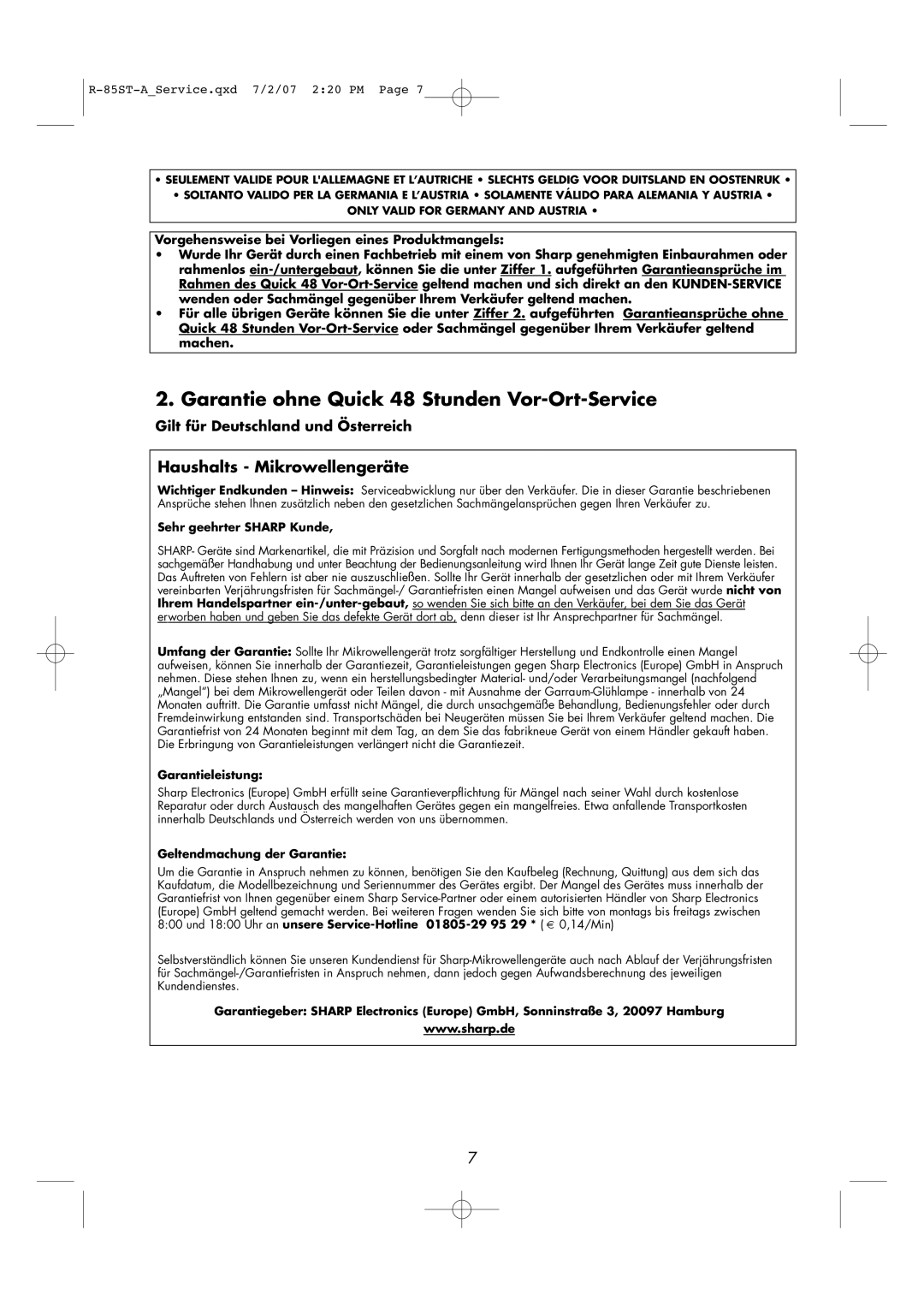 Sharp R-85ST-A operation manual Garantie ohne Quick 48 Stunden Vor-Ort-Service 