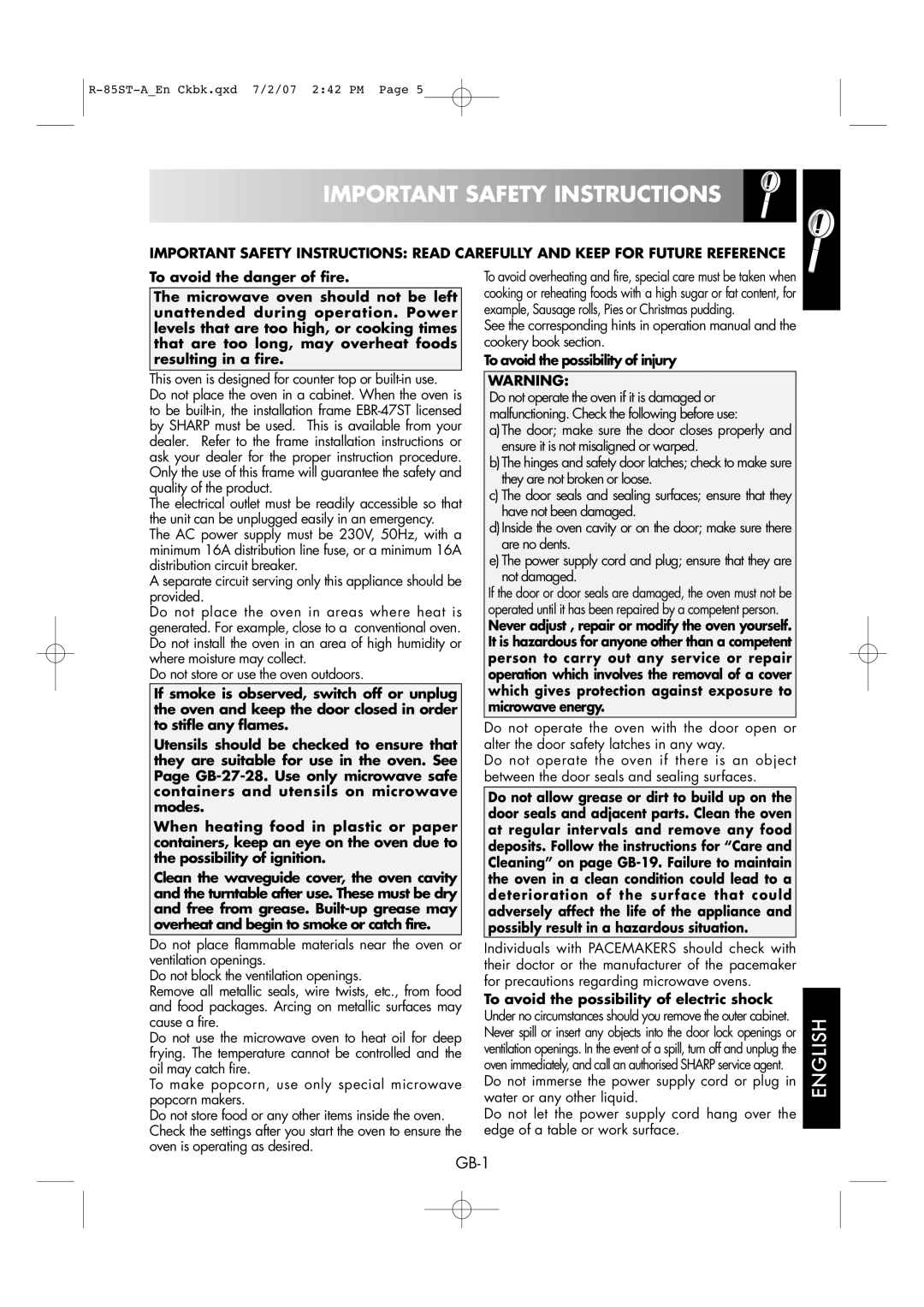 Sharp R-85ST-A operation manual Important Safety Instructions, To avoid the possibility of injury 