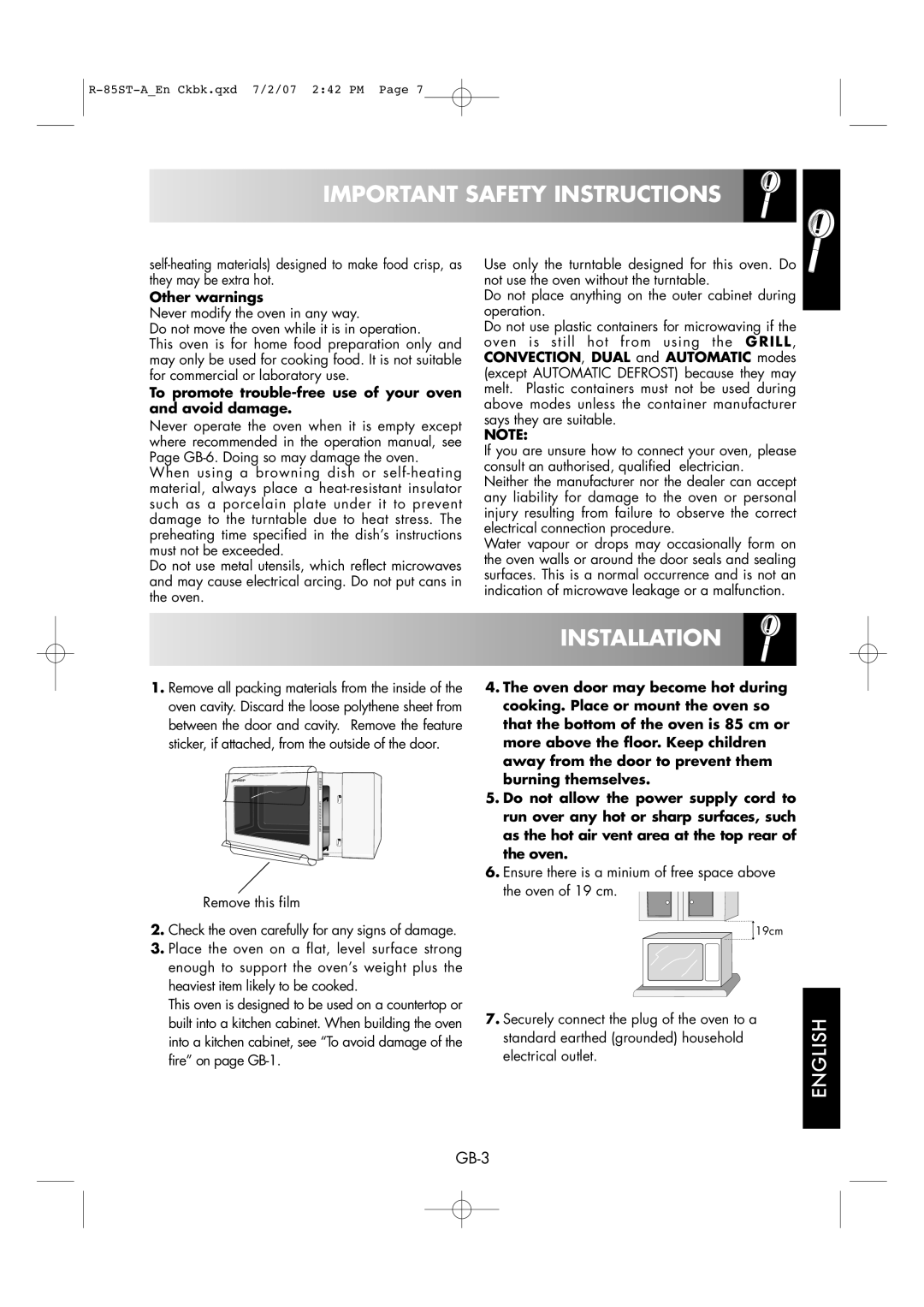 Sharp R-85ST-A operation manual Installation, Other warnings, To promote trouble-free use of your oven and avoid damage 