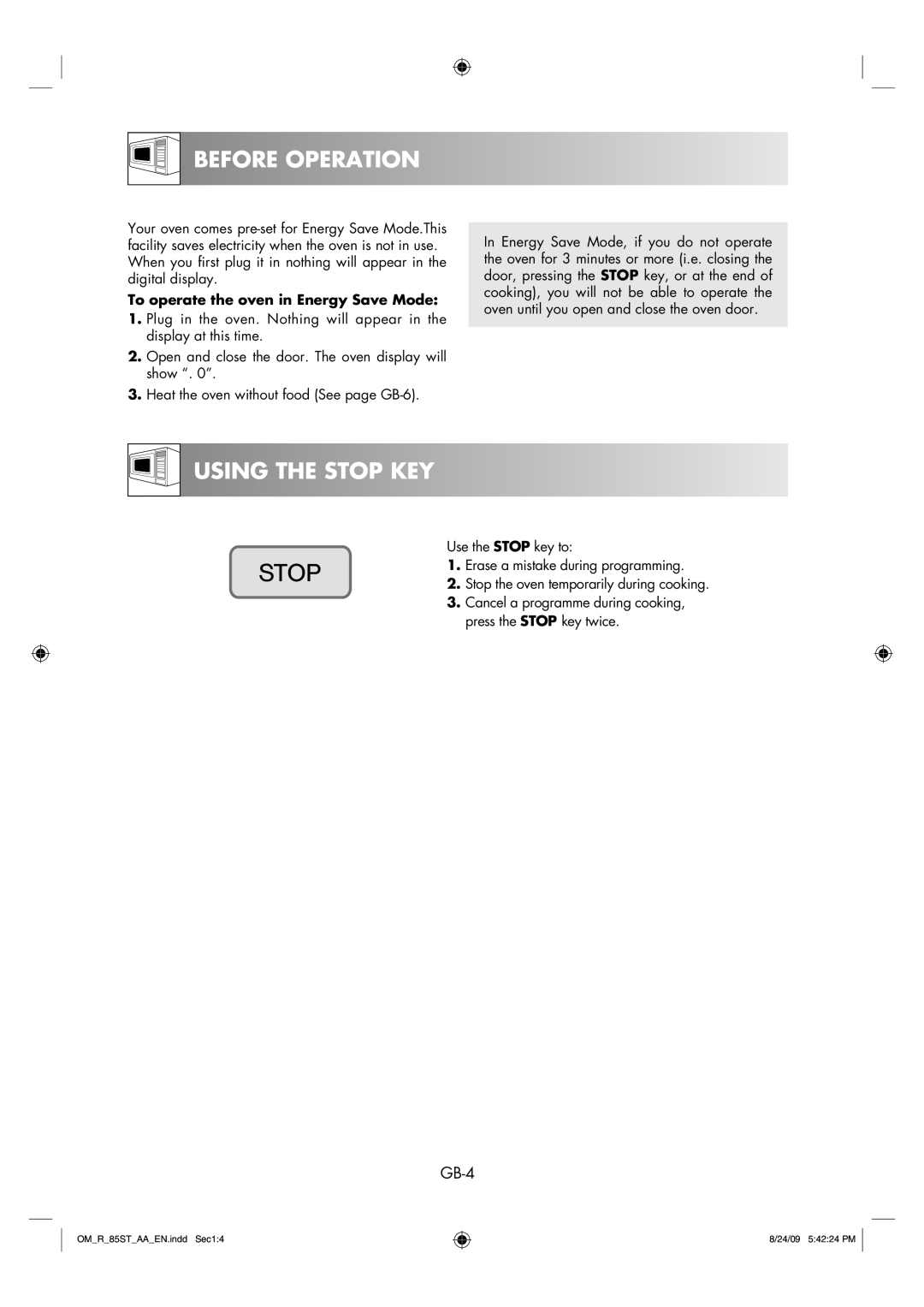 Sharp R-85ST-AA operation manual Before Operation, Using the Stop KEY, GB-4, To operate the oven in Energy Save Mode 