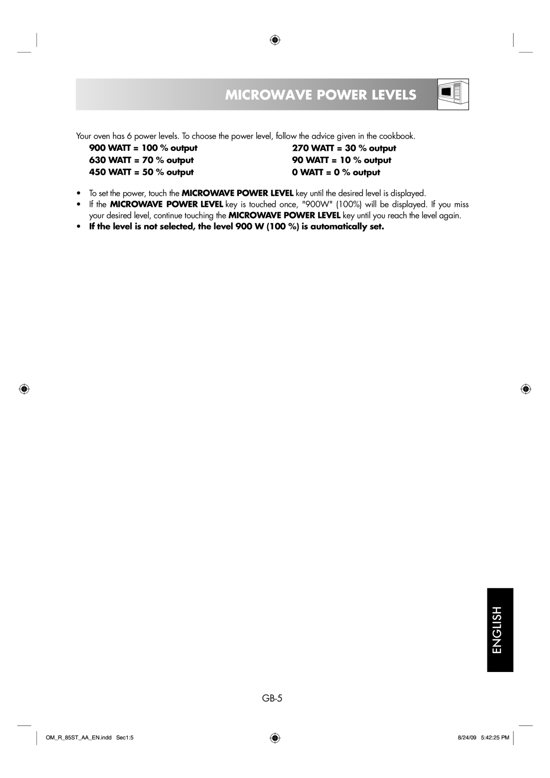 Sharp R-85ST-AA operation manual Microwave Power Levels, GB-5 