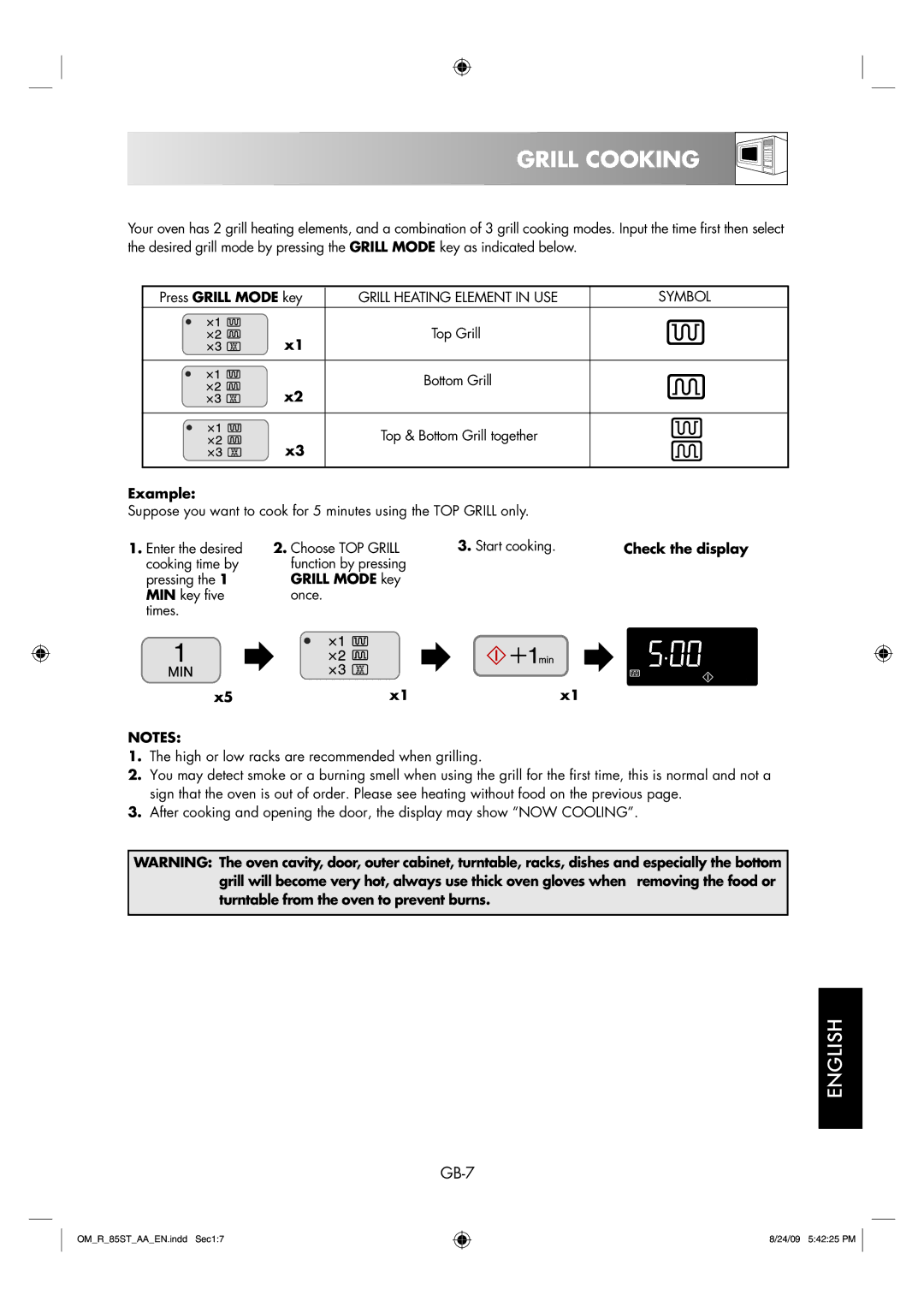 Sharp R-85ST-AA operation manual Grill Cooking, GB-7, Press Grill Mode key, Example 