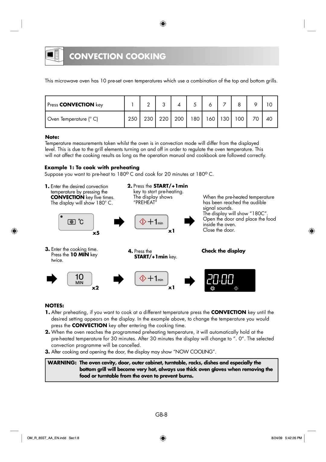 Sharp R-85ST-AA Convection Cooking, GB-8, Press Convection key, Example 1 To cook with preheating, Check the display X2x1 