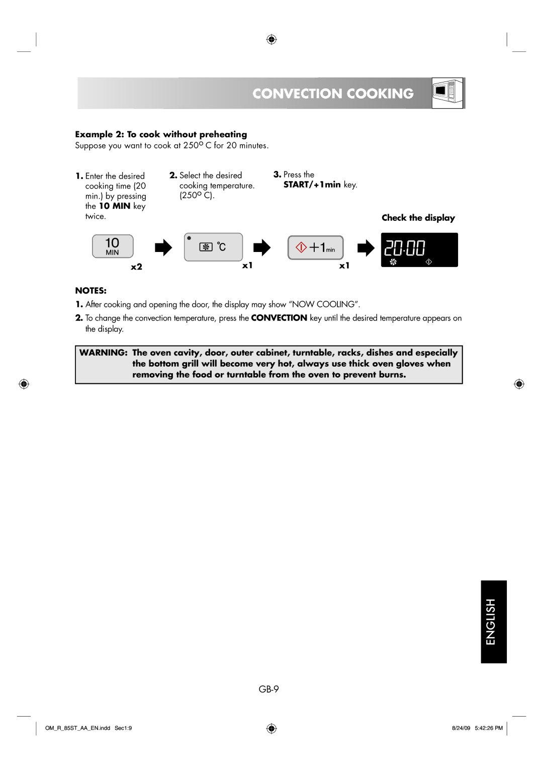 Sharp R-85ST-AA operation manual GB-9, Example 2 To cook without preheating 