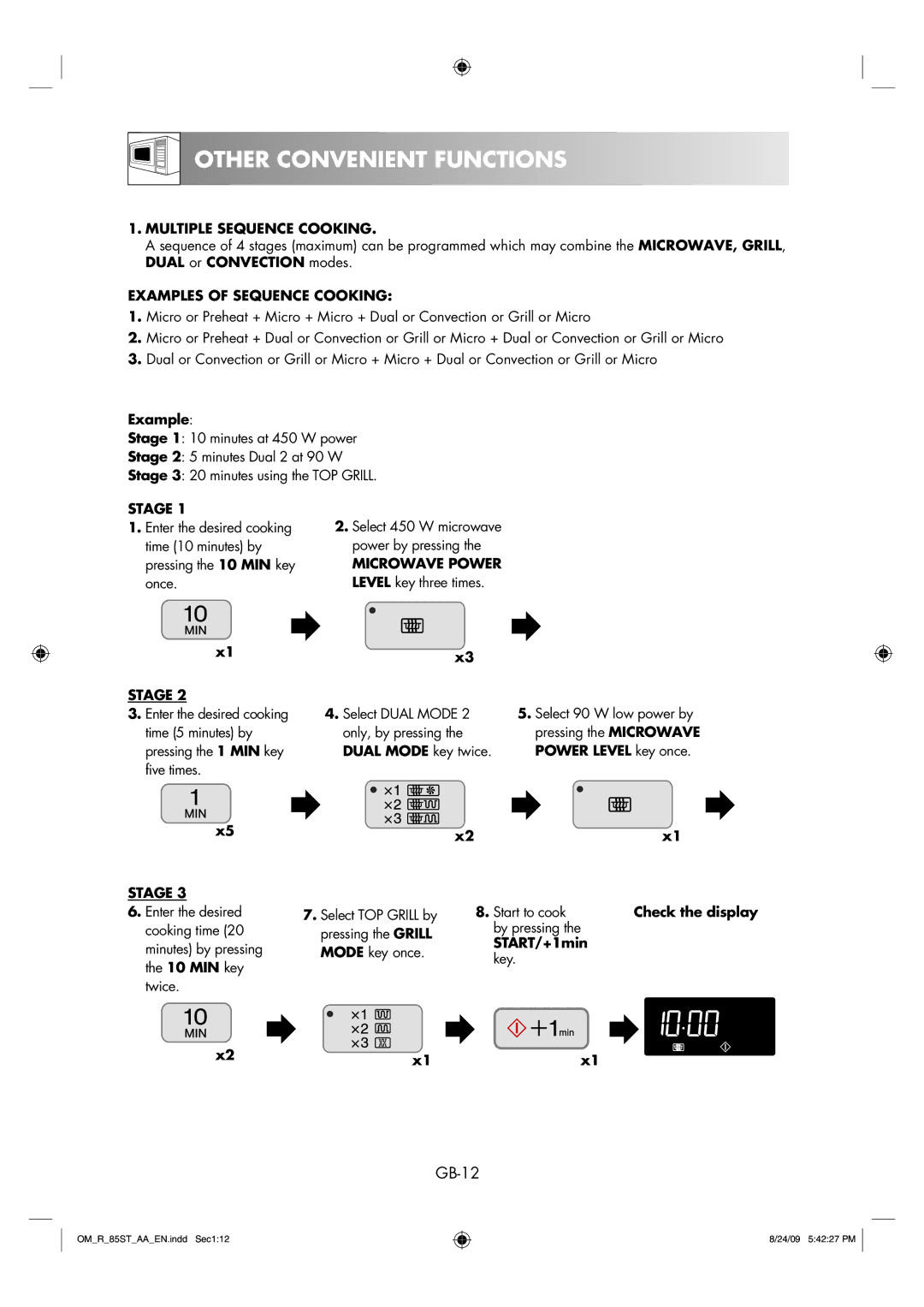 Sharp R-85ST-AA Other Convenient Functions, GB-12, Multiple Sequence Cooking, Examples of Sequence Cooking, Stage 