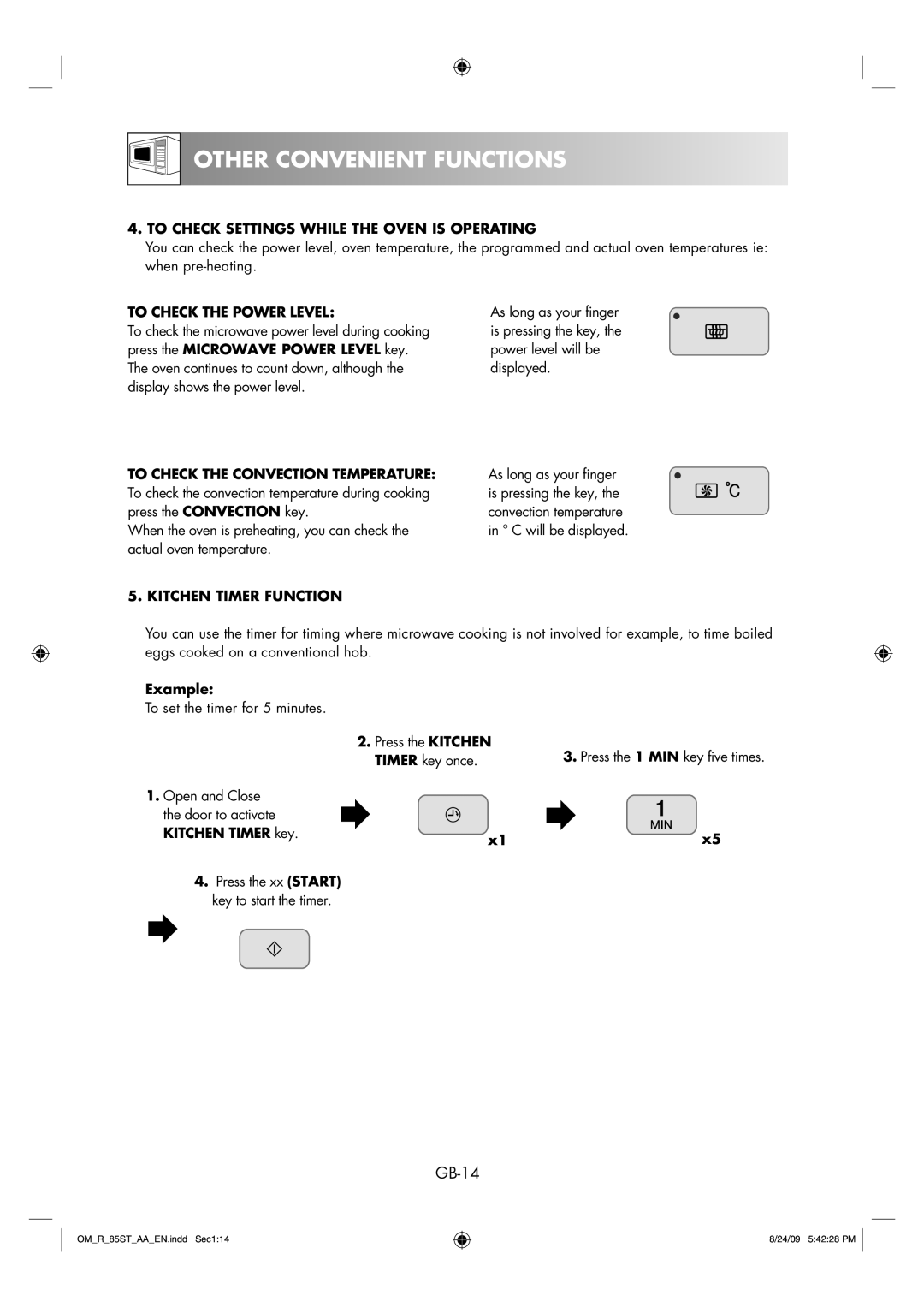 Sharp R-85ST-AA GB-14, To Check Settings While the Oven is Operating, To Check the Power Level, Kitchen Timer Function 