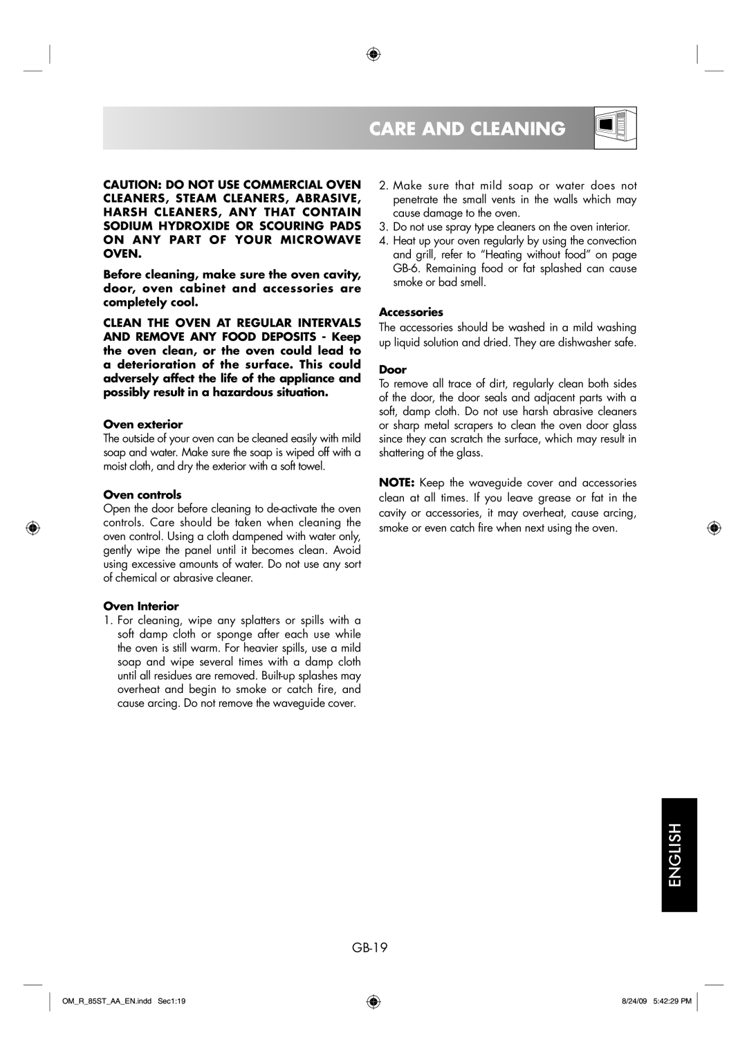 Sharp R-85ST-AA operation manual Care and Cleaning, GB-19 