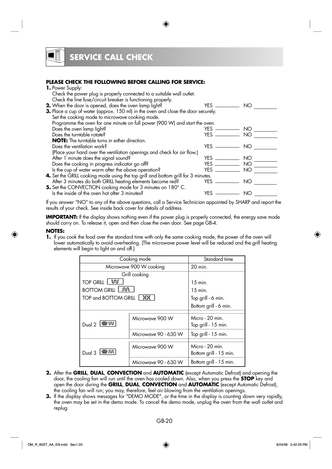 Sharp R-85ST-AA operation manual Service Call Check, GB-20, Please Check the Following Before Calling for Service 