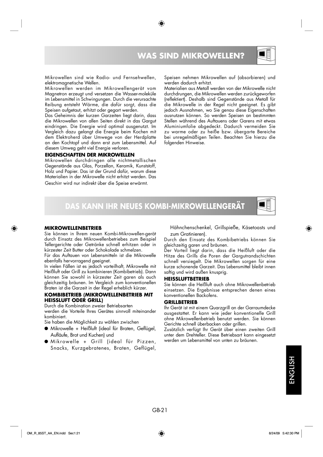 Sharp R-85ST-AA operation manual WAS Sind MIKROWELLEN?, DAS Kann IHR Neues KOMBI-MIKROWELLENGERÄT, GB-21 