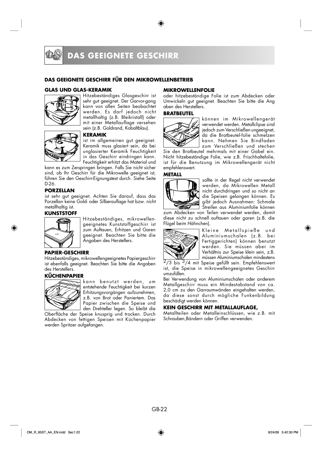 Sharp R-85ST-AA operation manual DAS Geeignete Geschirr, GB-22 