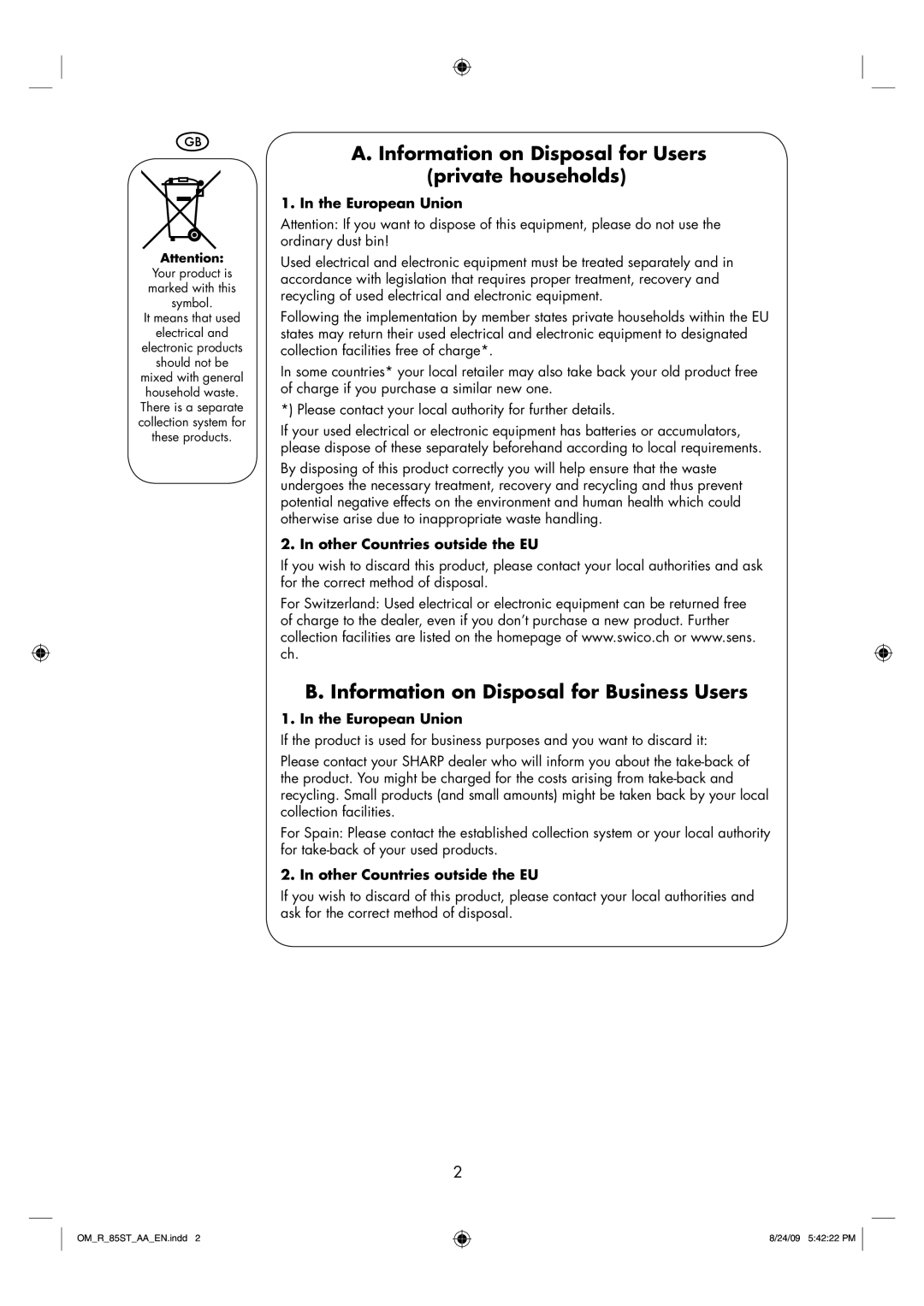 Sharp R-85ST-AA operation manual European Union, Other Countries outside the EU 