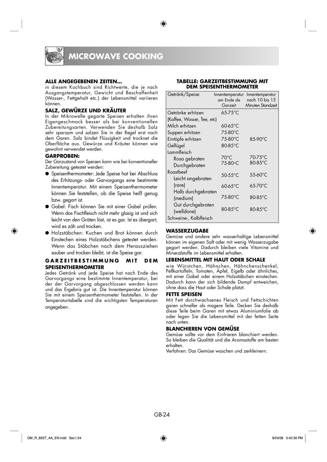 Sharp R-85ST-AA operation manual Microwave Cooking, GB-24 