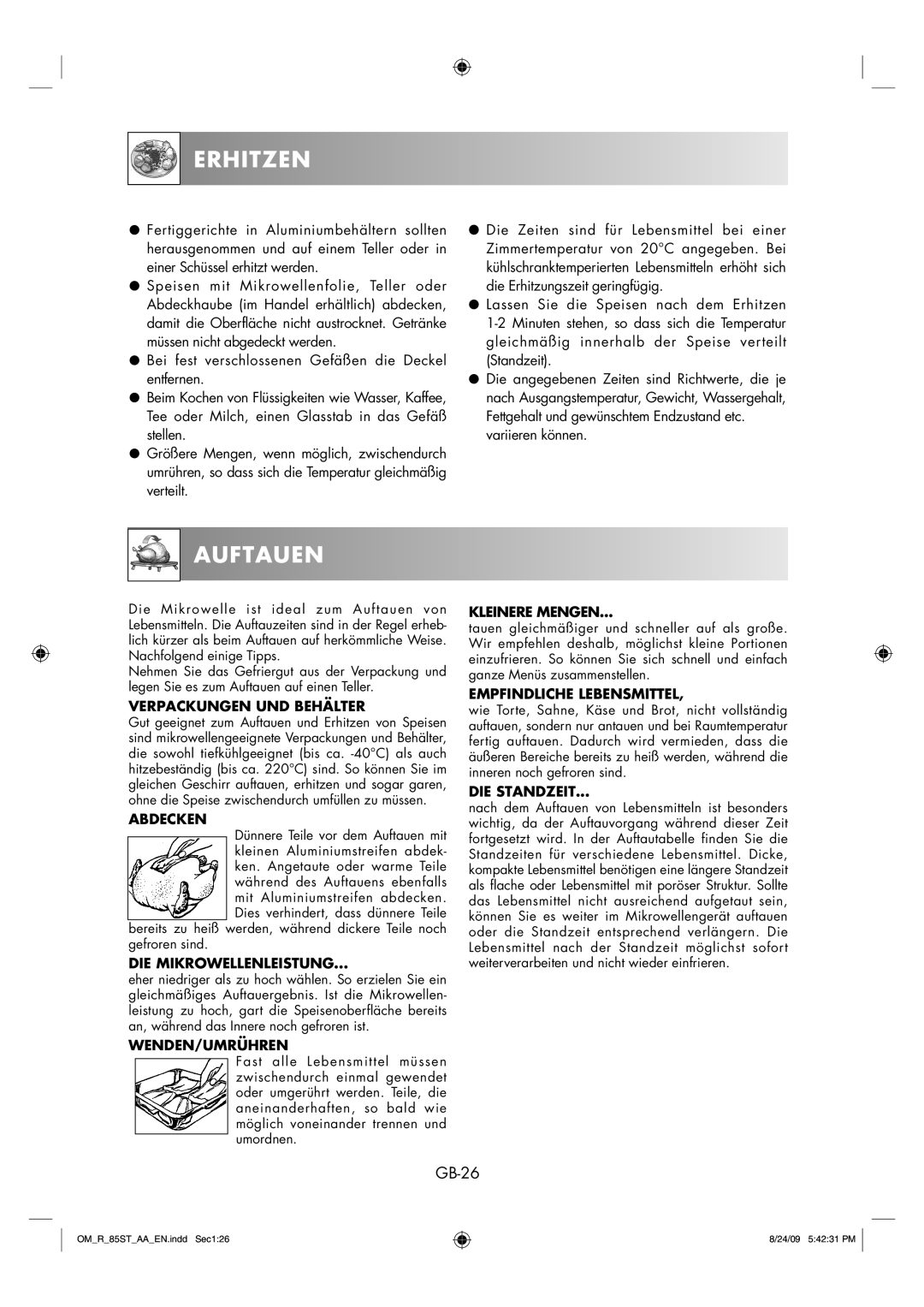 Sharp R-85ST-AA operation manual Erhitzen, Auftauen, GB-26 