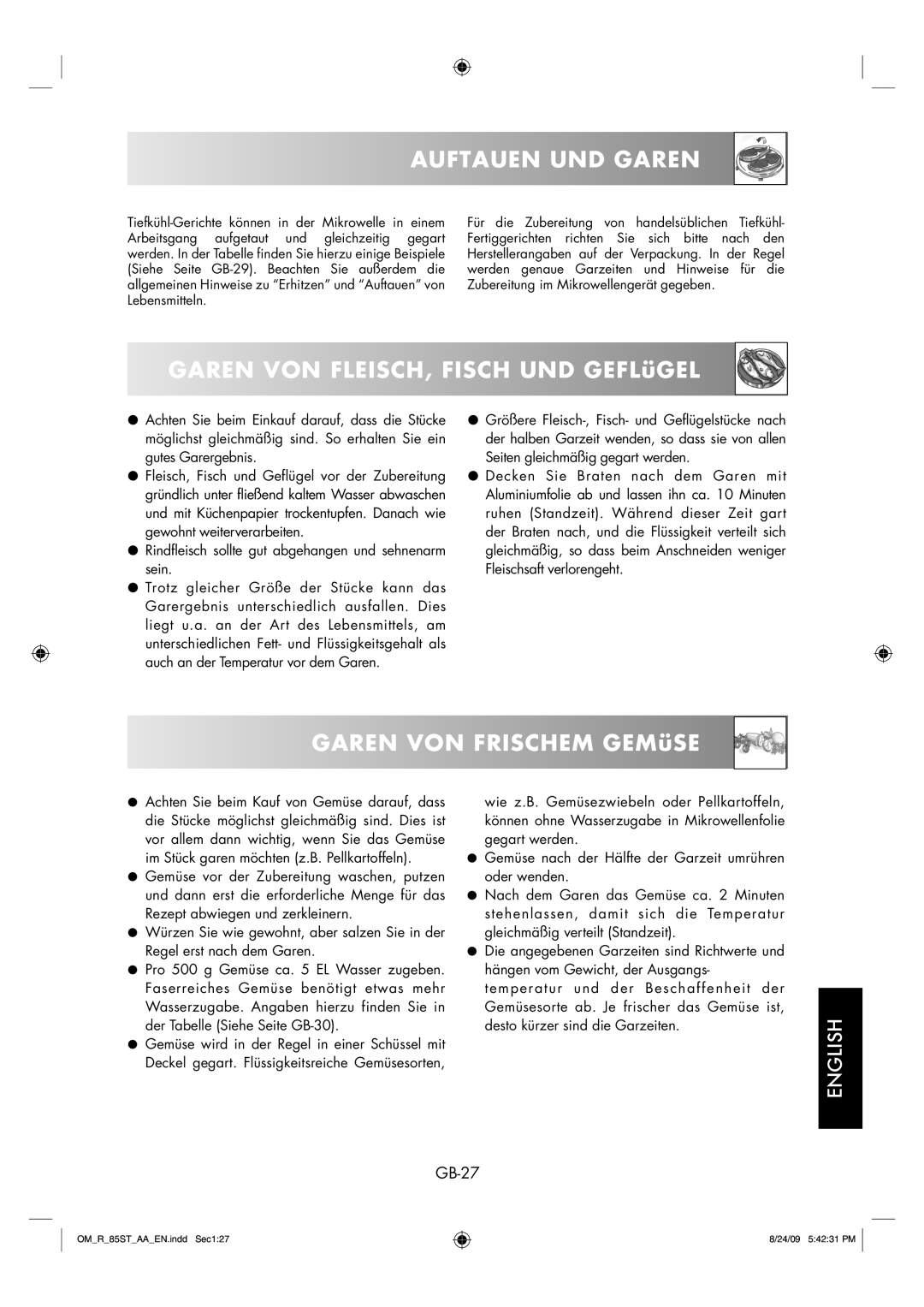 Sharp R-85ST-AA operation manual Auftauen UND Garen, GB-27 