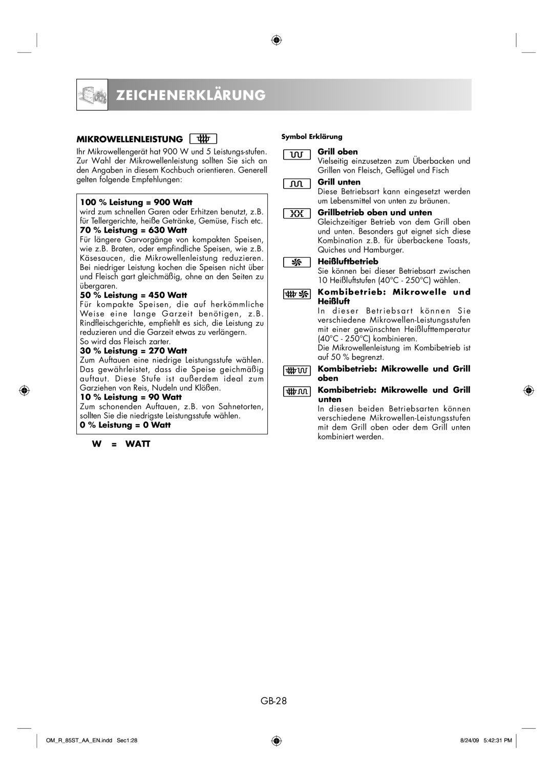 Sharp R-85ST-AA operation manual GB-28, Mikrowellenleistung, = Watt 