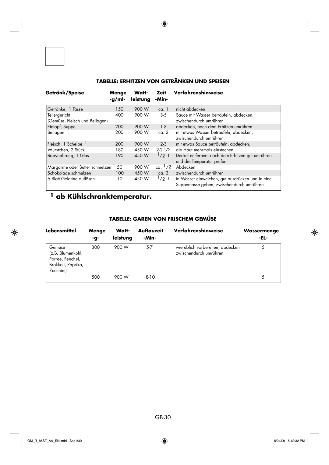 Sharp R-85ST-AA operation manual GB-30, Tabelle Erhitzen VON Getränken UND Speisen, Tabelle Garen VON Frischem Gemüse 