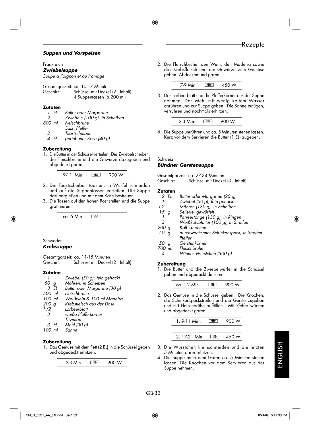 Sharp R-85ST-AA operation manual GB-33, Suppen und Vorspeisen, Zwiebelsuppe, Krebssuppe, Bündner Gerstensuppe 