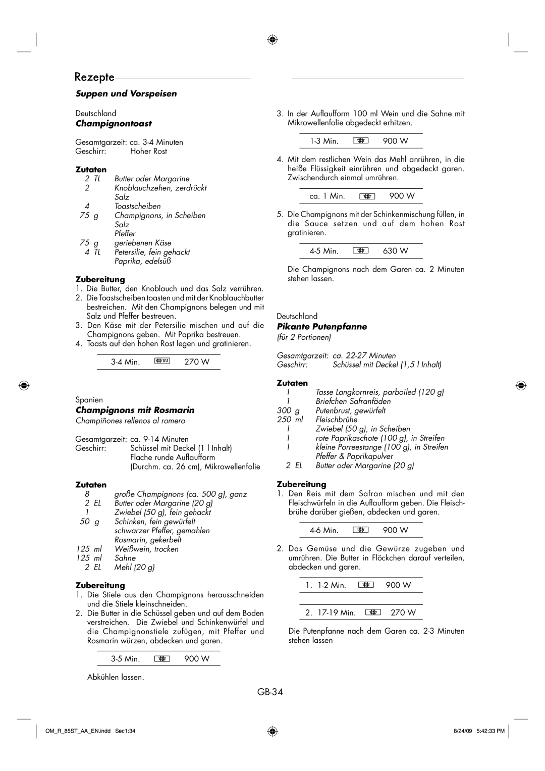 Sharp R-85ST-AA operation manual GB-34, Champignontoast, Pikante Putenpfanne, Champignons mit Rosmarin 