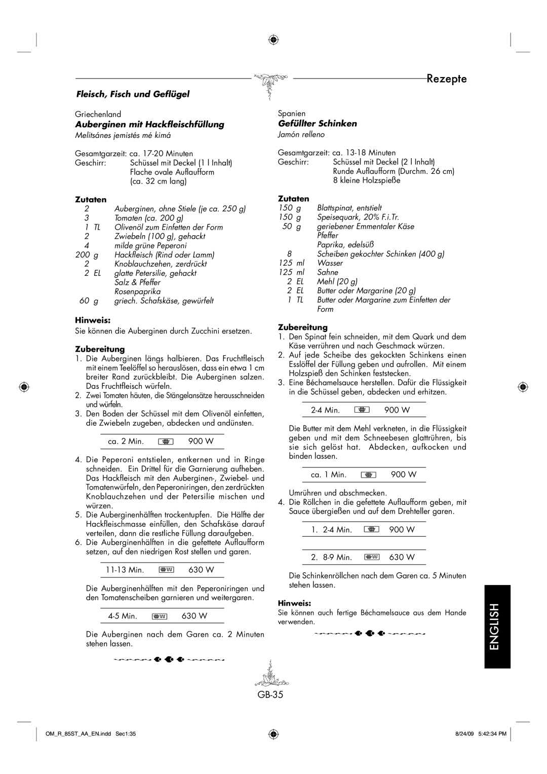 Sharp R-85ST-AA operation manual GB-35, Fleisch, Fisch und Geflügel, Auberginen mit Hackfleischfüllung, Gefüllter Schinken 