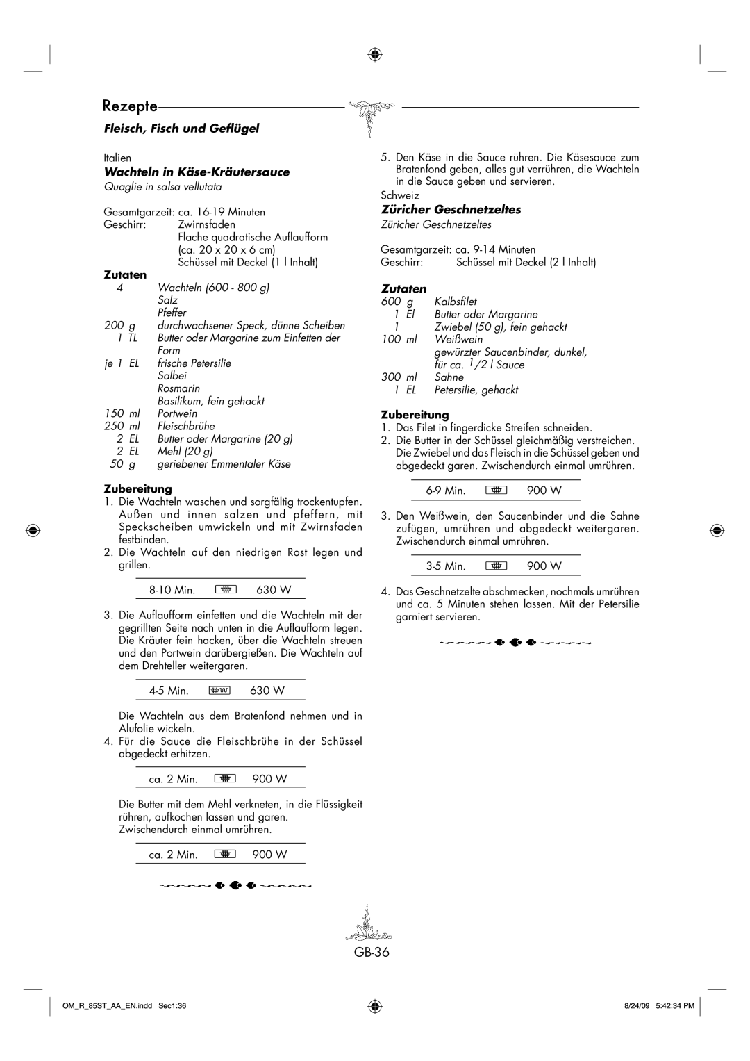 Sharp R-85ST-AA operation manual GB-36, Wachteln in Käse-Kräutersauce, Züricher Geschnetzeltes, Zutaten 