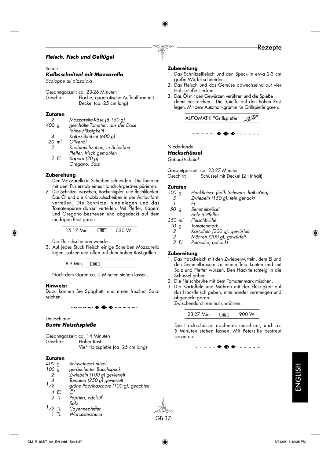 Sharp R-85ST-AA operation manual Kalbsschnitzel mit Mozzarella, Bunte Fleischspieße, Hackschüssel 