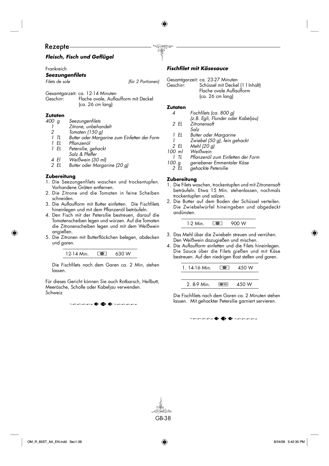 Sharp R-85ST-AA operation manual GB-38, Seezungenfilets, Fischfilet mit Käsesauce 