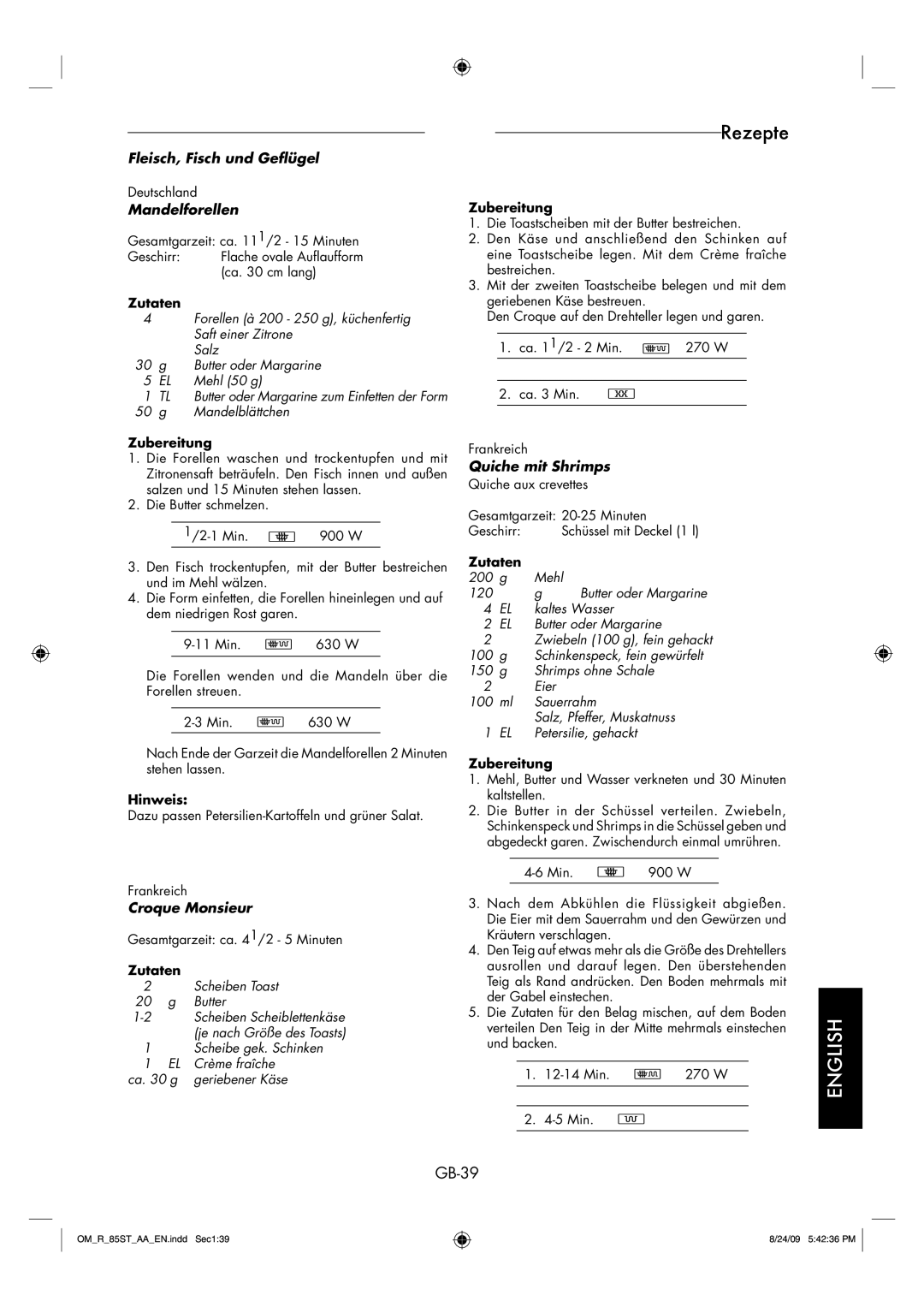 Sharp R-85ST-AA operation manual GB-39, Mandelforellen, Croque Monsieur, Quiche mit Shrimps, Mandelblättchen 