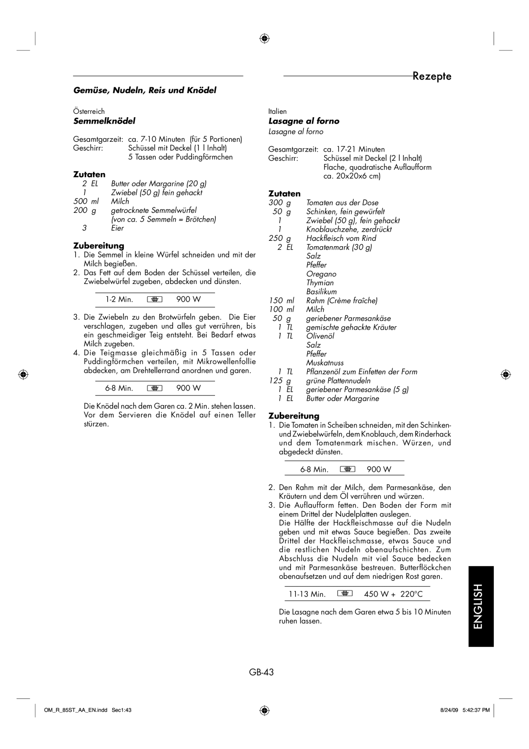 Sharp R-85ST-AA operation manual GB-43, Semmelknödel, Zutaten, Zubereitung, Lasagne al forno 