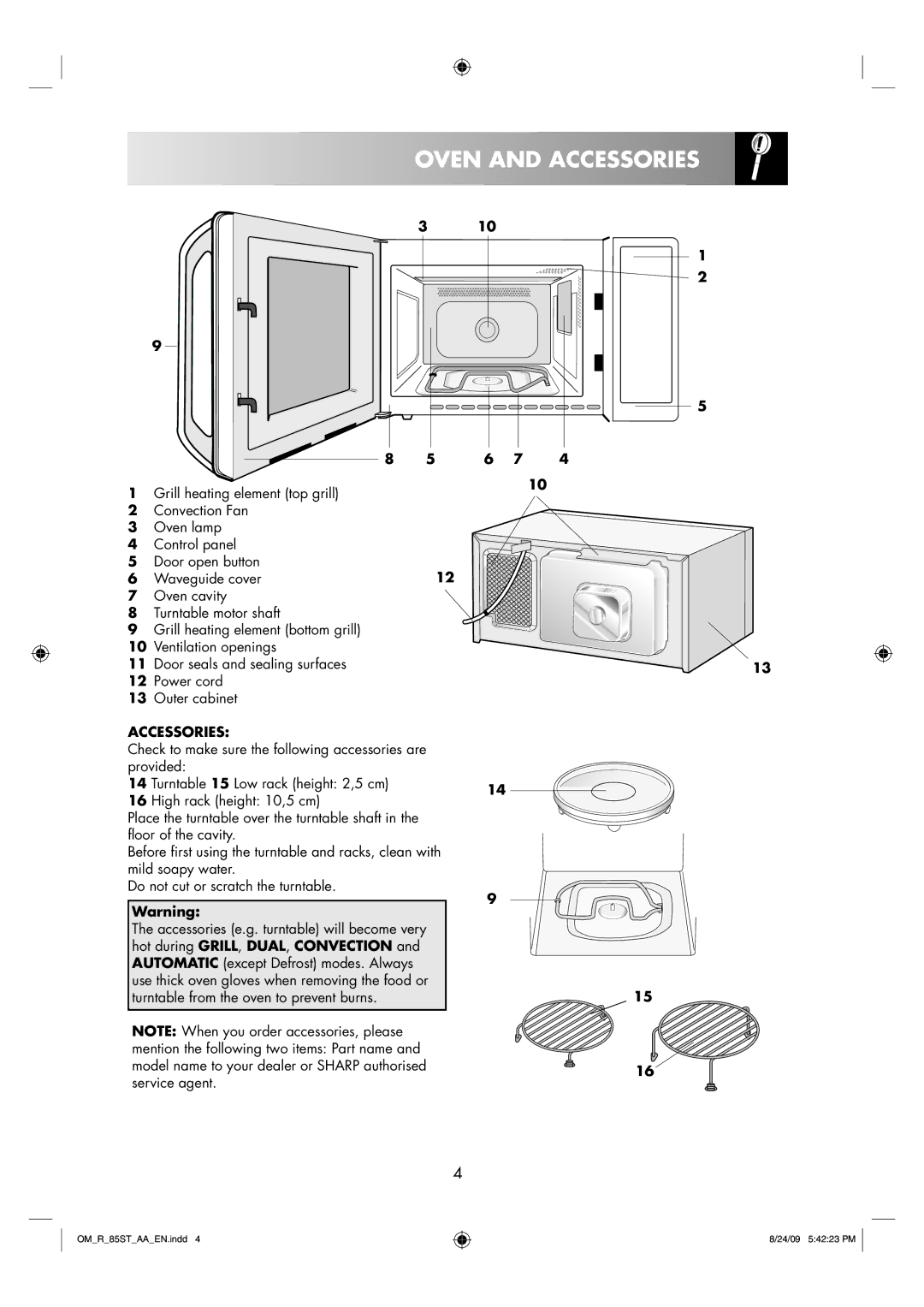 Sharp R-85ST-AA operation manual Oven and Accessories 