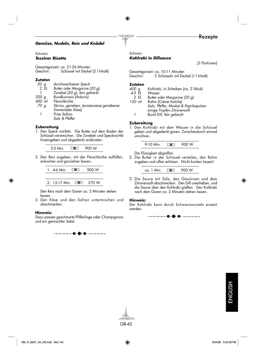 Sharp R-85ST-AA operation manual GB-45, Tessiner Risotto, Kohlrabi in Dillsauce 