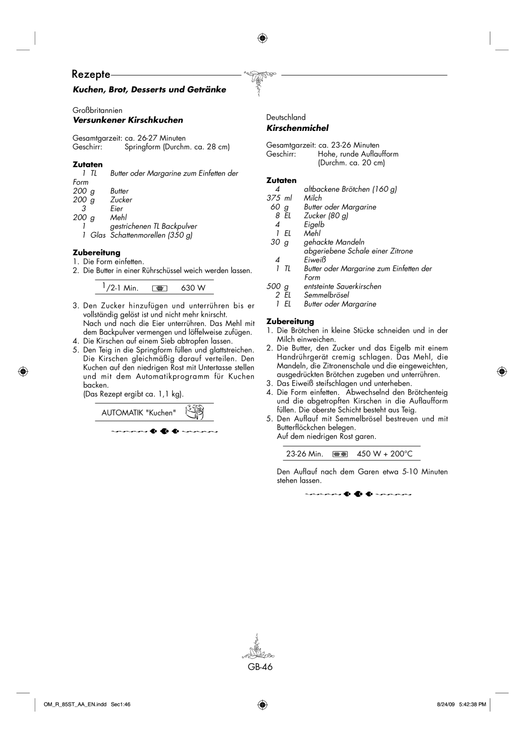 Sharp R-85ST-AA operation manual GB-46, Kuchen, Brot, Desserts und Getränke, Versunkener Kirschkuchen, Kirschenmichel 