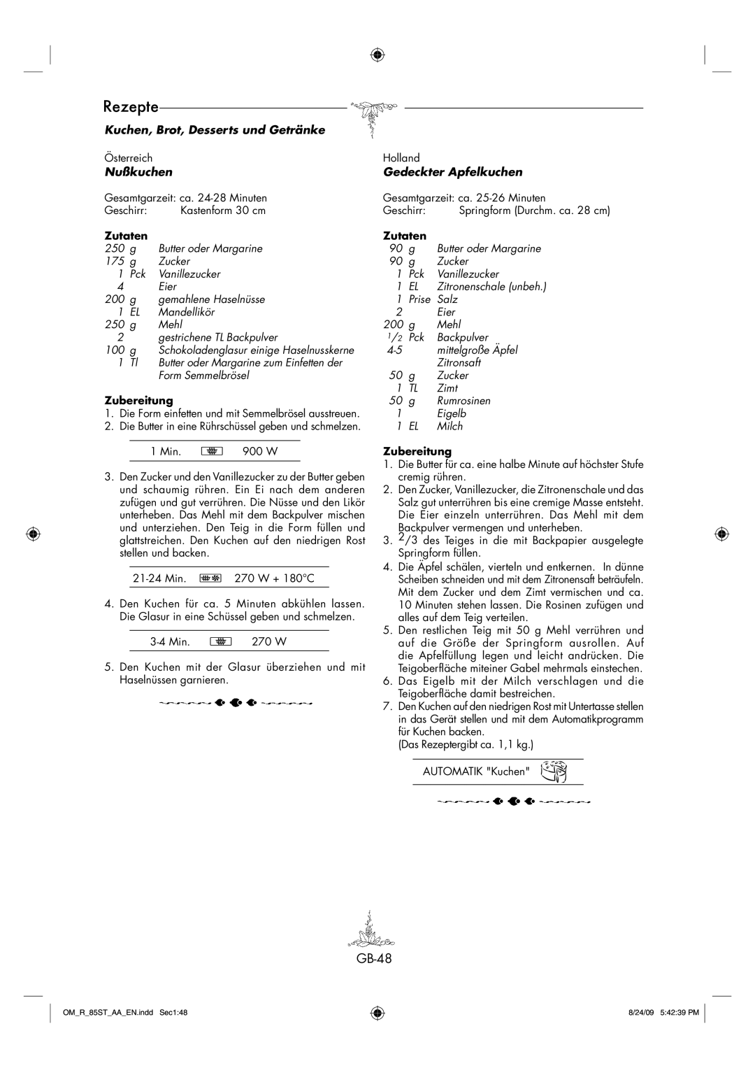 Sharp R-85ST-AA operation manual GB-48, Nußkuchen, Gedeckter Apfelkuchen, Form Semmelbrösel 