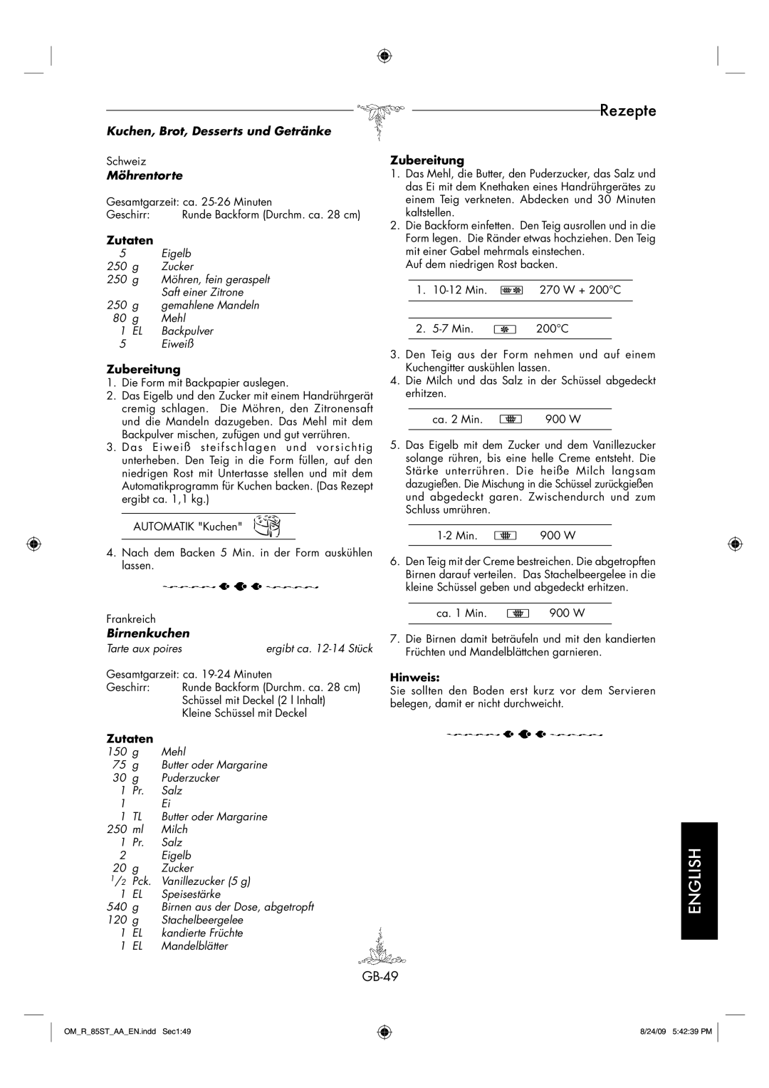 Sharp R-85ST-AA operation manual GB-49, Möhrentorte, Birnenkuchen, Tarte aux poires Ergibt ca -14 Stück 