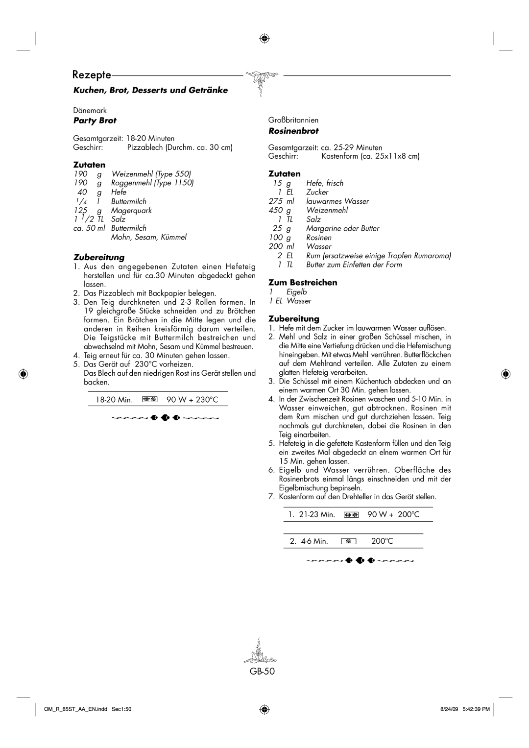 Sharp R-85ST-AA operation manual GB-50, Party Brot, Rosinenbrot, Zum Bestreichen 