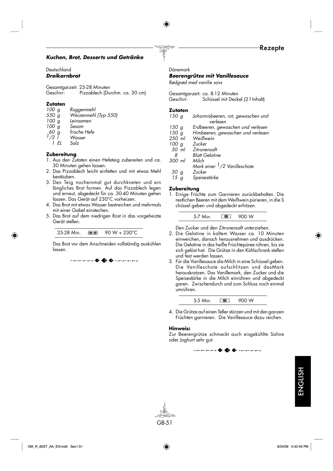 Sharp R-85ST-AA operation manual GB-51, Dreikornbrot, Beerengrütze mit Vanillesauce, Rødgrød med vanilie sovs 