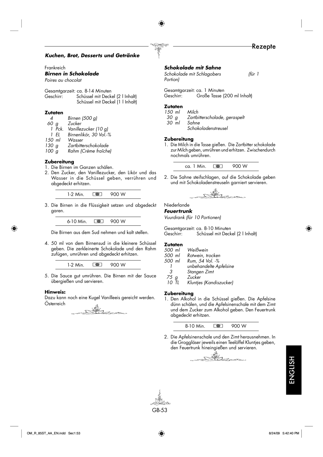 Sharp R-85ST-AA operation manual GB-53, Birnen in Schokolade, Schokolade mit Sahne, Feuertrunk 