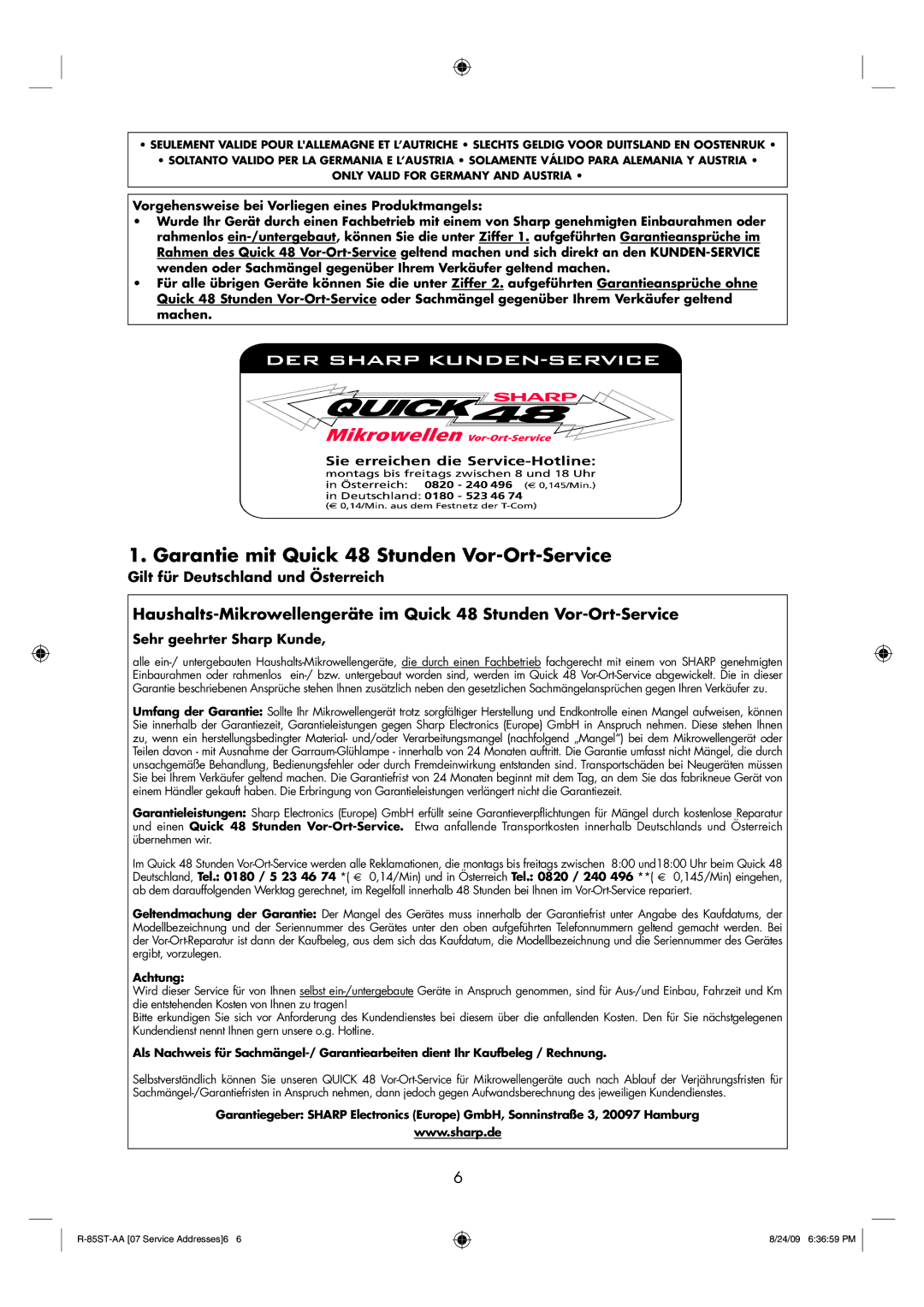 Sharp R-85ST-AA operation manual Garantie mit Quick 48 Stunden Vor-Ort-Service, Gilt für Deutschland und Österreich 