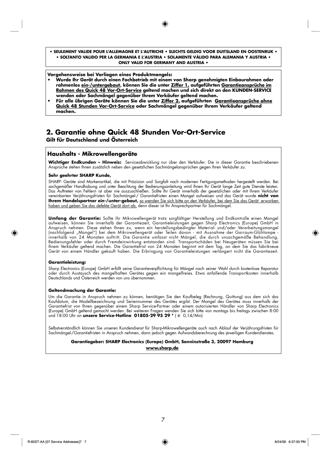 Sharp R-85ST-AA operation manual Garantie ohne Quick 48 Stunden Vor-Ort-Service 