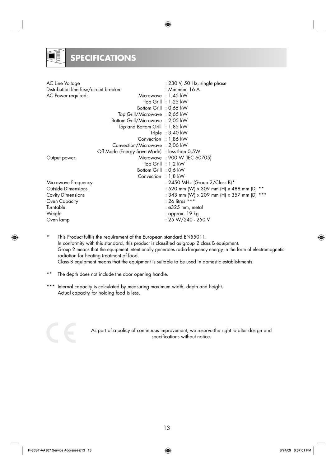 Sharp R-85ST-AA operation manual Specifications 