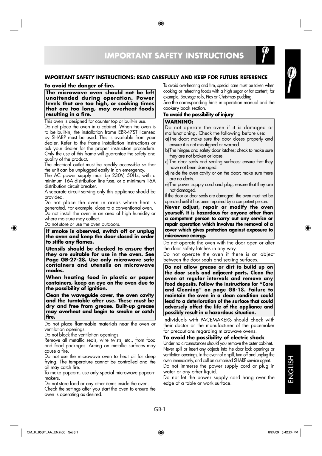 Sharp R-85ST-AA operation manual Important Safety Instructions, GB-1, To avoid the possibility of injury 