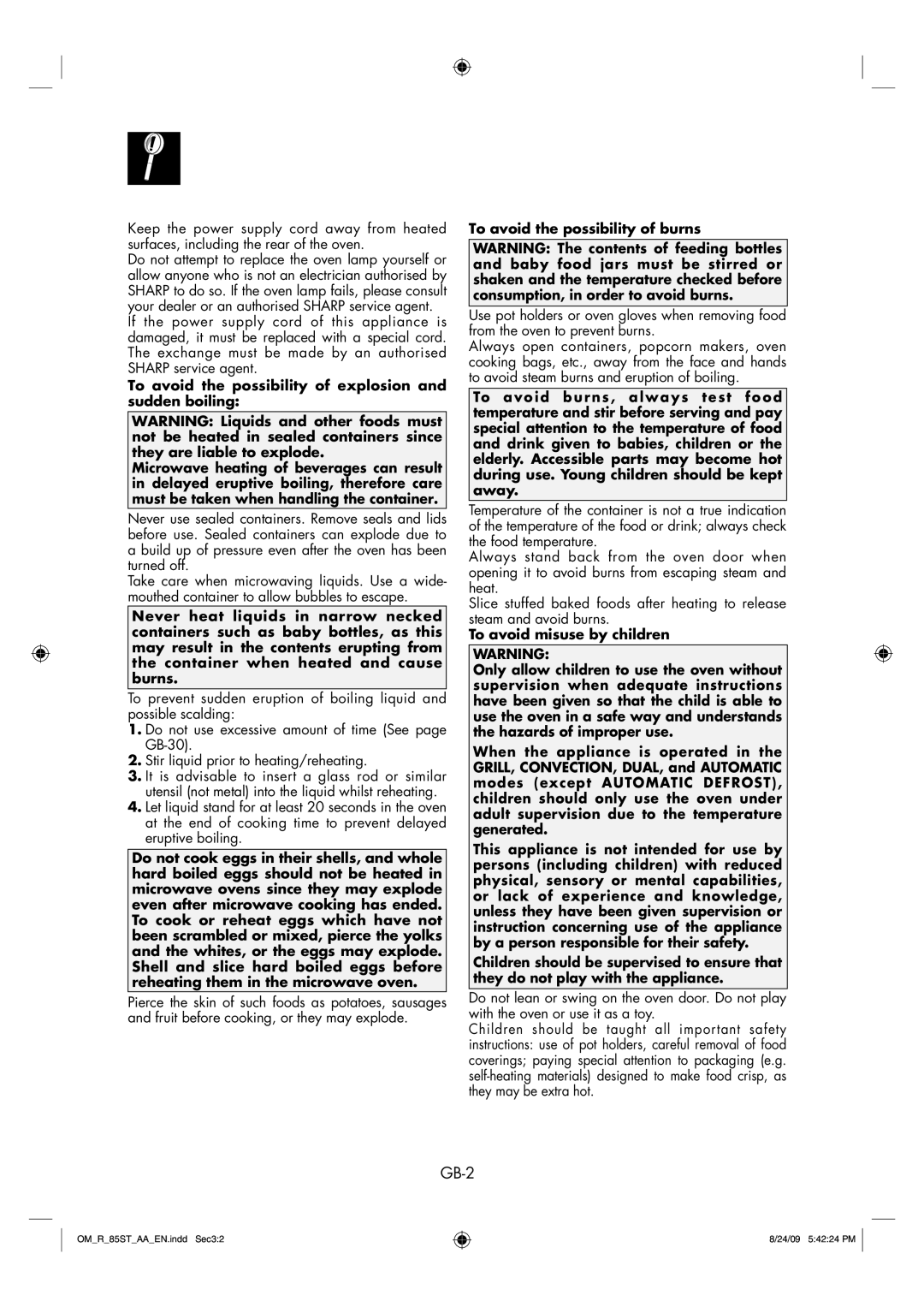 Sharp R-85ST-AA operation manual GB-2, To avoid the possibility of burns 