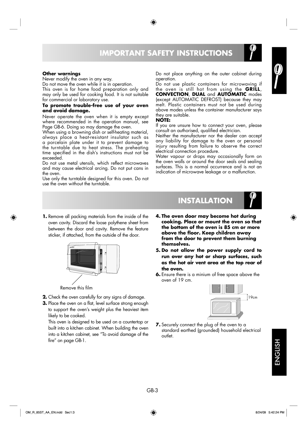 Sharp R-85ST-AA Installation, GB-3, Other warnings, To promote trouble-free use of your oven and avoid damage 