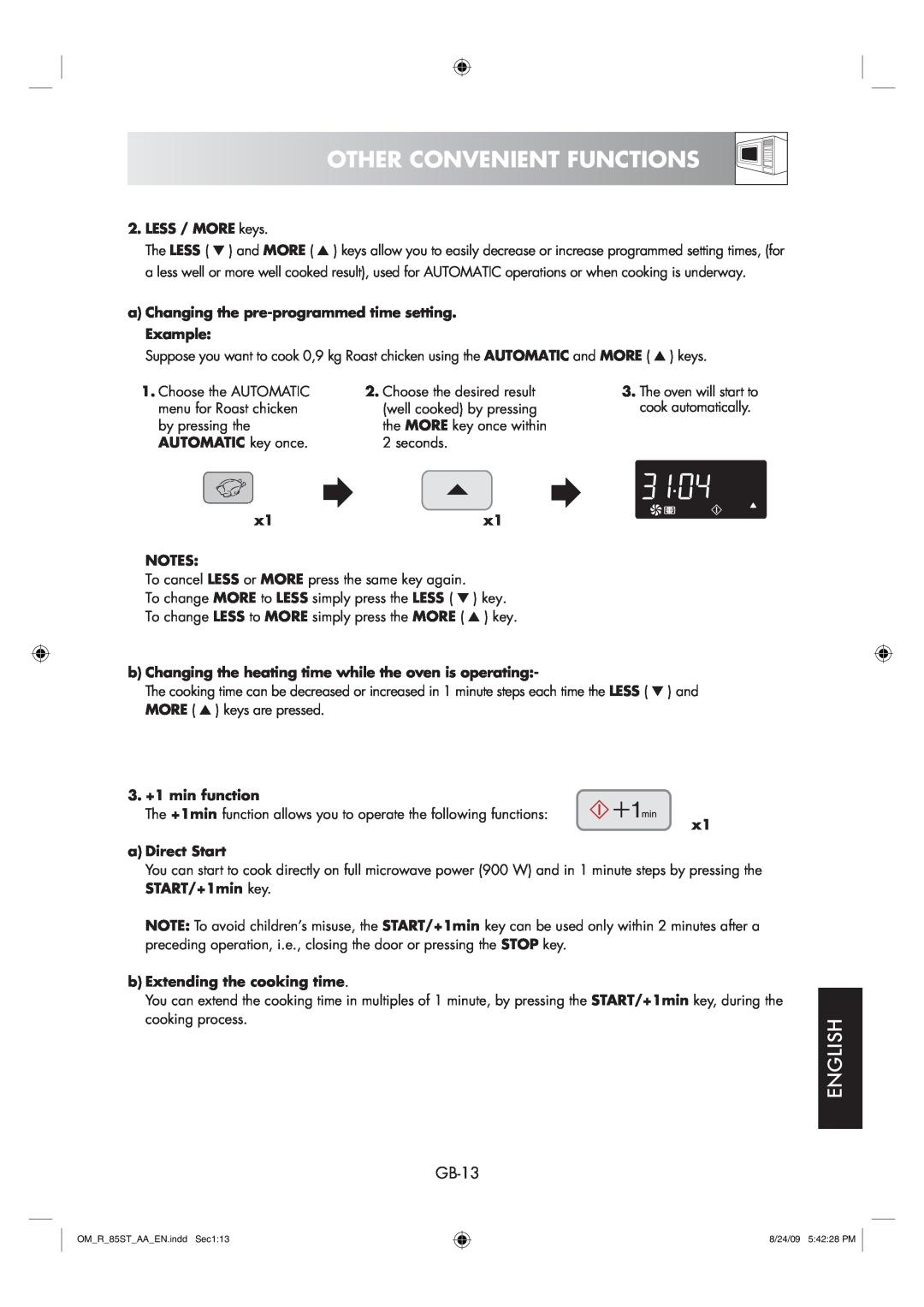 Sharp R-85ST-AA operation manual Other Convenient Functions, English, GB-13, The oven will start to, cook automatically 