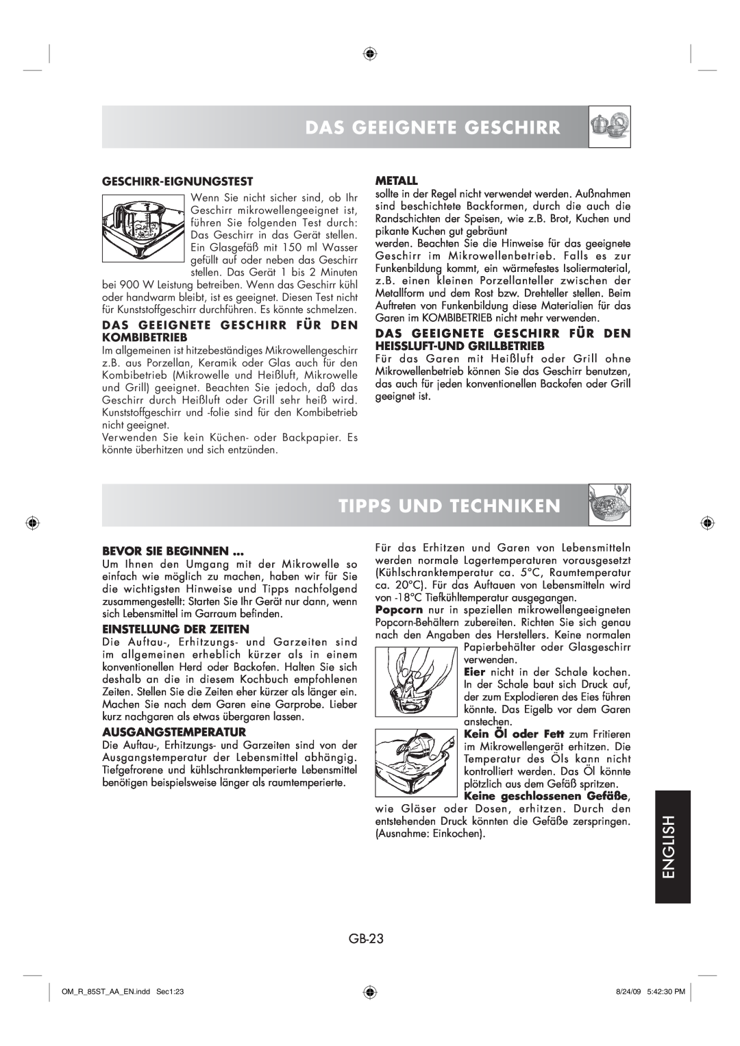 Sharp R-85ST-AA operation manual Tipps Und Techniken, Das Geeignete Geschirr, English, GB-23 