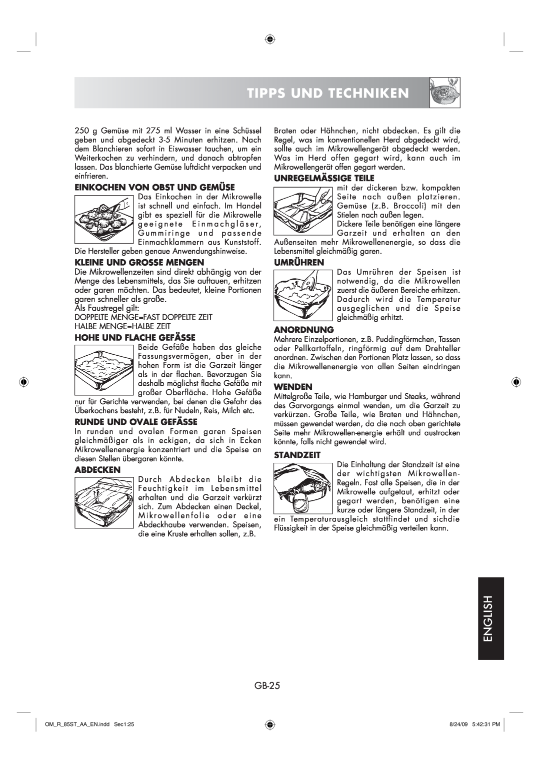 Sharp R-85ST-AA operation manual Tipps Und Techniken, English, GB-25 
