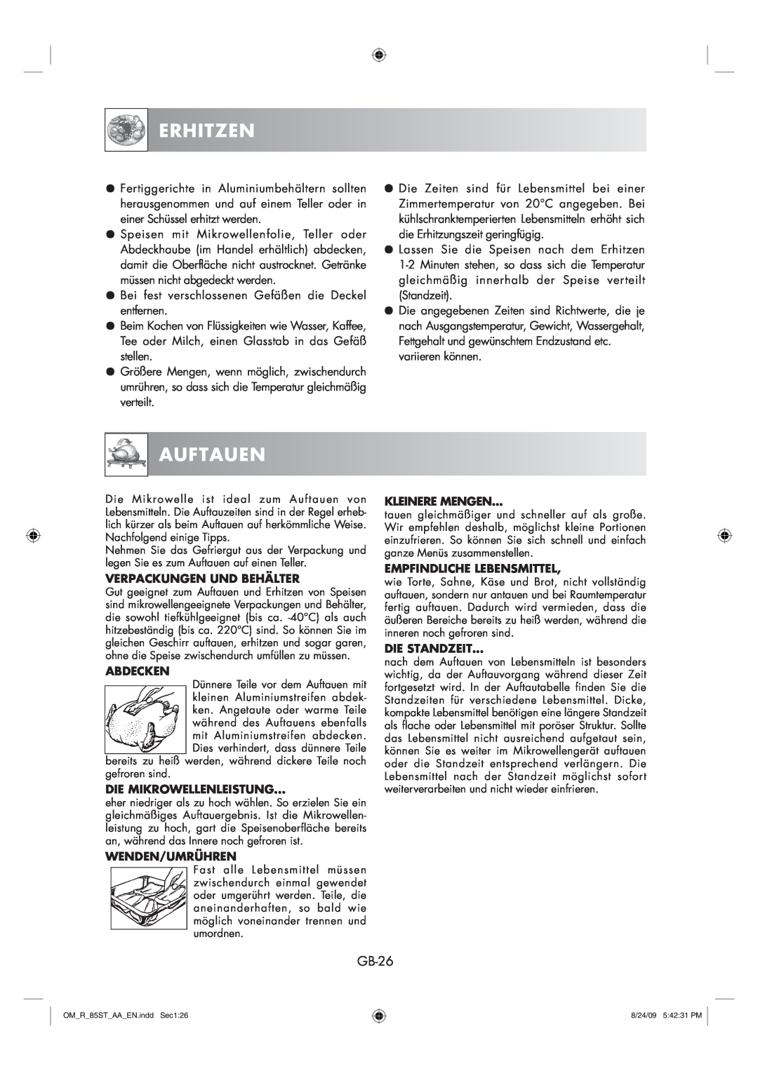 Sharp R-85ST-AA operation manual Erhitzen, Auftauen, GB-26 